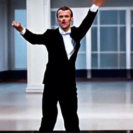 Image similar to Emmanuel Macron dancing in American Psycho (1999)