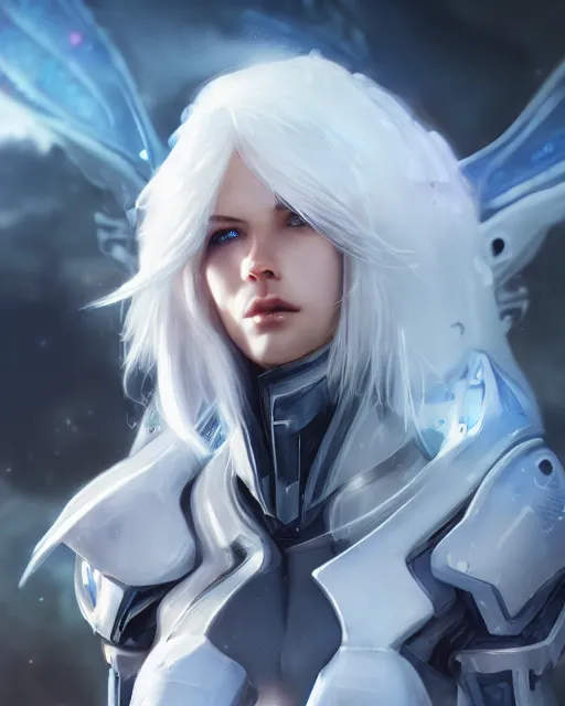 Image similar to perfect white haired girl, warframe armor, beautiful, pretty face, blue eyes, detailed, windy weather, scifi, platform, laboratory, experiment, 4 k, ultra realistic, epic lighting, high detail, masterpiece, by akihito tsukushi, charlie bowater, ross tran