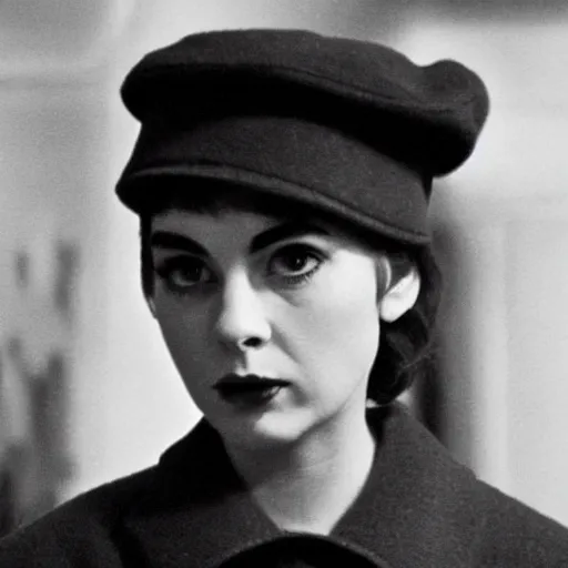 Image similar to still from a masterpiece 1 9 6 0 s french art film, very beautiful and elegant girl in beret with large eyebrows with an angry expression while talking to a man, moody lighting, viewed from afar, cinematic shot, the movie is in color, communist aesthetic