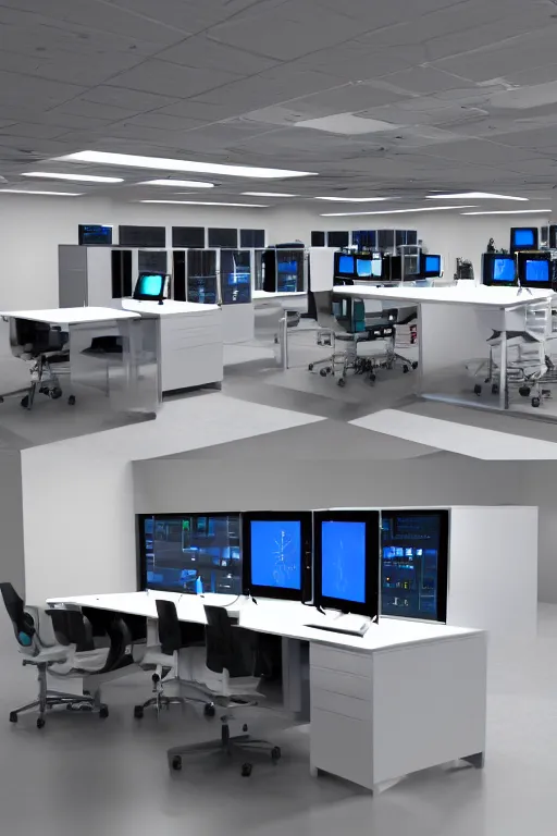 Image similar to dark isometric tech lab with shiny holographic control panels