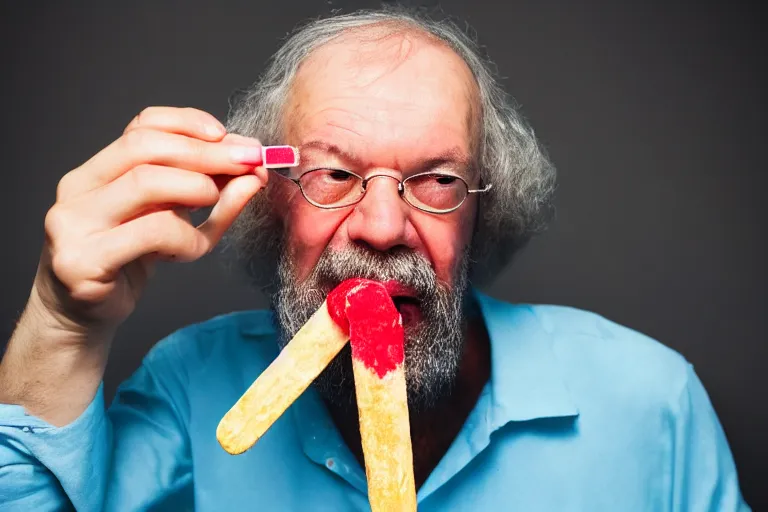 Image similar to A Martin Parr closeup portrait of Socrates eating a popsicle, in the style of Martin Parr The Last Resort, ring flash closeup photograph