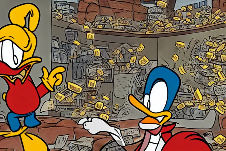 Image similar to Scrooge McDuck reacting to the Bitcoin crash, 8k, real photo, CryEngine