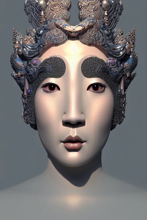 Image similar to 3 d goddess close - up profile portrait. beautiful intricate highly detailed korean gumiho mask and traditional korean hanbok. stingray, magpie, bio luminescent, plasma, lava, ice, water, wind, creature, artwork by tooth wu and wlop and beeple and greg rutkowski, octane 3 d render