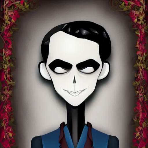 Image similar to young man portrait, black hair, skinny, corpse bride art style