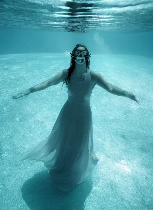 Image similar to girl in a long dress swimming underwater, caustics, surreal underwater photography