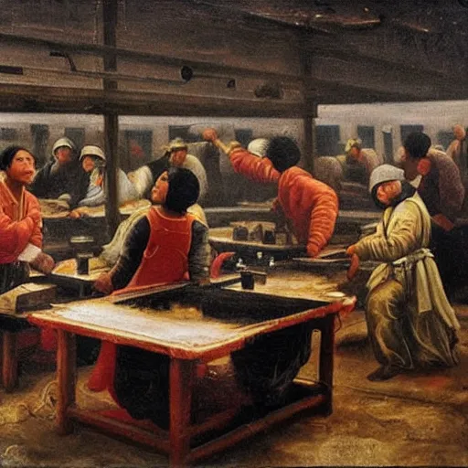 Image similar to renaissance oil painting of exploited chinese workers in an iphone manufacturing plant