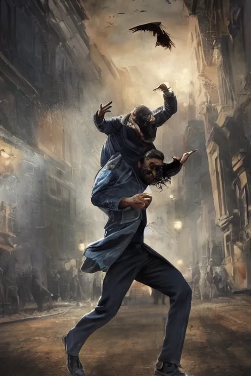 Image similar to in the foreground a Parisian street, in the background a brown man from the back with blue energy wings coming out of his back wearing a long matrix style jacket and starting to fly away, realistic, high definition, great details, dramatic scene, detailed and realistic hands, symmetrical face, realistic eyes, art of invincible