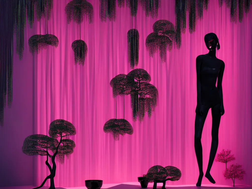 Prompt: beautiful mannequin sculpted out of black glass by billelis + lit with geometric neon dripping gold + forest in background!!!, facing a doorway opening with neon pink geometric fractal light + flowering bonsai trees, transcendent, clean linework, dramatic, finely detailed, 4 k, trending on artstation, photorealistic, volumetric lighting, octane render