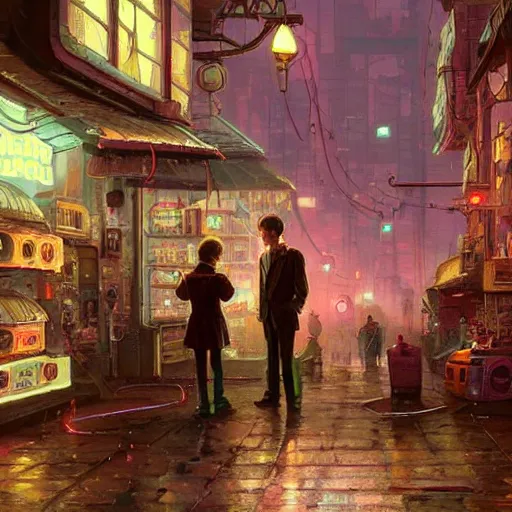 Prompt: a lovely elder couple works at their small robot repair shop, pink - noir cyberpunk city, by raoul ruiz, thomas kinkade and greg rutkowski