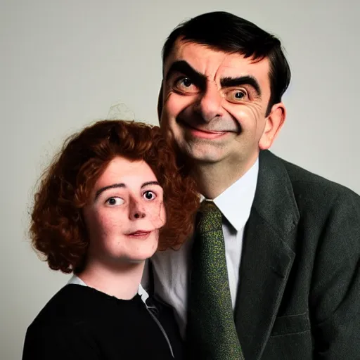 Image similar to A portrait mr bean elizabeth teams up with a teenage mr bean, perfect faces, 50 mm, award winning photography