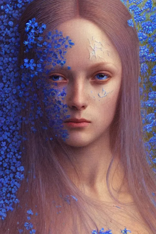 Image similar to portrait of beautiful young mainem, warhammer, russian style, cyber armor with scars, a lot of more scars, more and more flowers, blue head, the middle ages, highly detailed, artstation, illustration, art by jean delville, 8 k quality