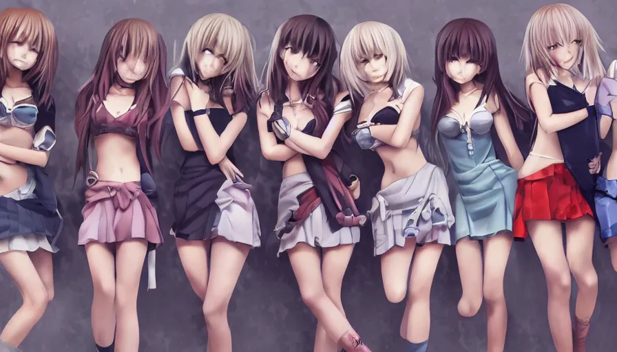 Prompt: group of cute anime characters in very short miniskirts, lightly dressed, ultra detailed digital art, hyper real, detailed, group photo, ultra detailed, ground up angle