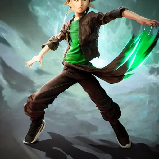 Image similar to a brown haired green eyes boy in a dynamic pose. character design. gesture drawing. line of action. official art, unreal engine 5, unreal engine. tetsuya nomura. medium shot. ray tracing hdr. 8 k. uhd. sharp focus. highly detailed. masterpiece. anime render. cinematic lighting. lifelike. symmetrical face. beautiful face