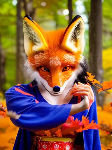 Prompt: full - color photo of a beautiful japanese kitsune goddess doing a ritual dance in a windy inari shinto shrine in kyoto full of autumn leaves. she is a human woman with fox - ears, a fox - tail, hands that are fox - paws, sharp fox - teeth, and a fox - nose. highly - detailed ; professional portrait photography.