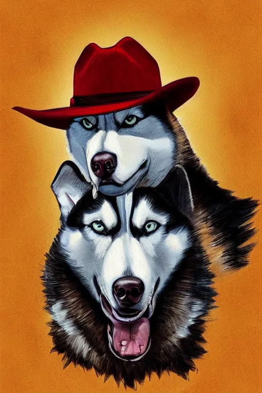 Prompt: a portrait painting of a husky in cowboy costume, wearing a cowboy hat, by [ studio ghibli ], [ western film ], [ red dead ], trending on artstation