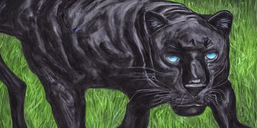 Image similar to a panther, made of smooth black goo, viscous, sticky, full of tar, covered with black goo. concept art, painting, animal drawing, color, savanna, wildlife photography, black goo, portrait, animal portrait