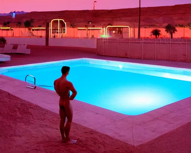 Prompt: a man standing next to a swimming pool outside a motel with a neon sign in the desert at night, in the style of hiroshi nagai