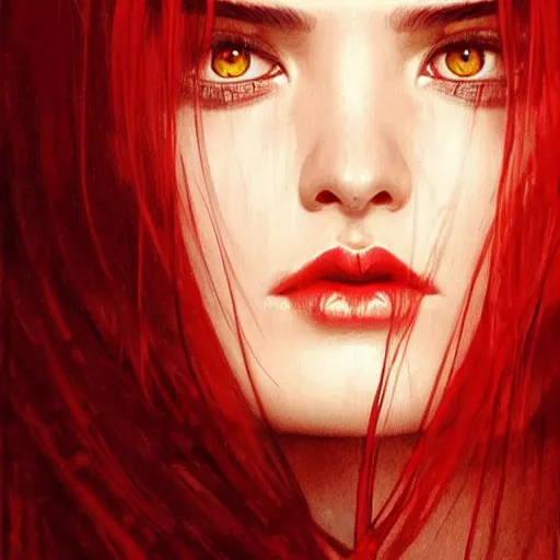 Image similar to beautiful Marie Avgeropoulos as Red Queen, Blodreina, sci-fi, closeup, D&D, fantasy, intricate, elegant, highly detailed, digital painting, artstation, concept art, matte, sharp focus, illustration, art by Artgerm and Greg Rutkowski and Alphonse Mucha