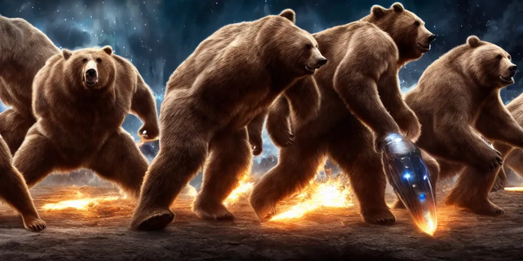 Image similar to photo of muscular bears, playing intergalactic championship versus chitauri. Highly detailed 8k. Award winning.