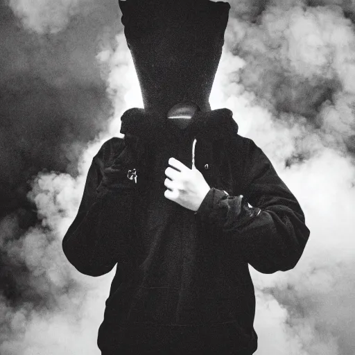 Image similar to an intimate portrait of a teenager wearing a black balaclava in a tear gas cloud, facing camera, emotionnal, smoke, riot, black block, photojournalism, f 2, nikon, studio portrait, bokeh, sharp focus, haze, volumetric lighting, intense, eerie, by annie leibovitz, visa pour l'image, prix nadar