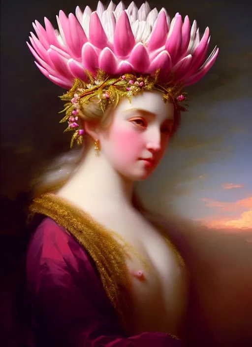 Image similar to stunning canadian godess princess, detailed pink and white protea head peace against a black backdrop by ivan aivazovsky, wlop, super sharp details, photorealism, 5 0 mm lens, oil painting, beautiful soft lighting, muted colours, artstation