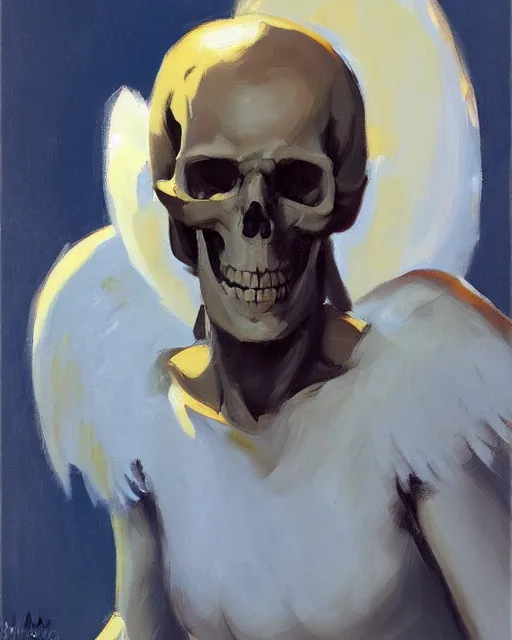 Image similar to an angel with a skull for the head, by greg manchess, organic painting, dark, bold shapes, trending on artstation