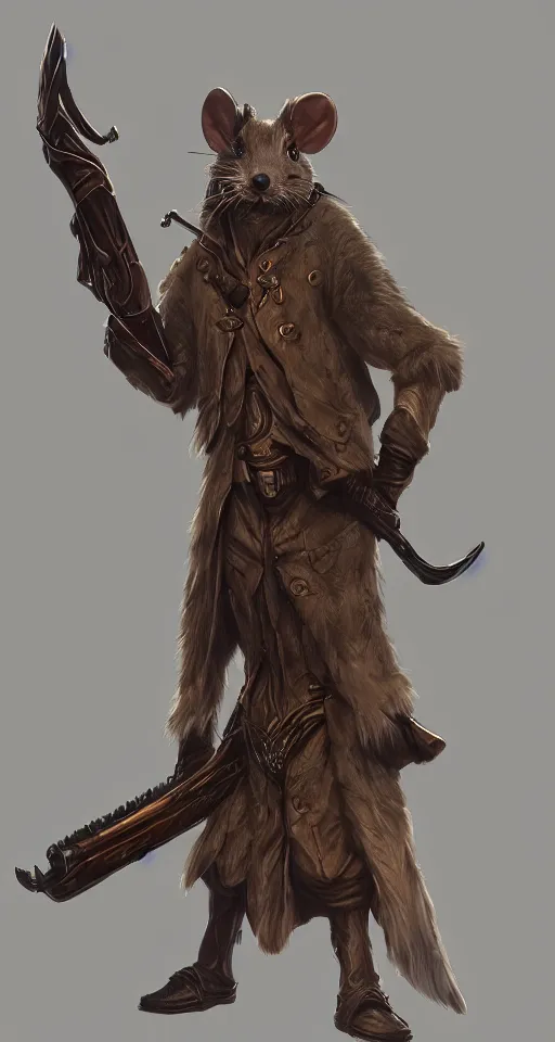 Prompt: a highly detailed illustration of one anthropomorphic rat wearing a long coat holding a wooden shotgun, dramatic standing, intricate, elegant, highly detailed, centered, digital painting, artstation, concept art, smooth, sharp focus, league of legends concept art, wlop