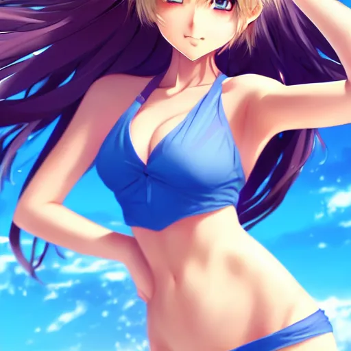 Image similar to a very beautiful young anime cute girl, full body, long wavy blond hair, sky blue eyes, full round face, short smile, bikini, miniskirt, front view, medium shot, mid-shot, highly detailed, cinematic wallpaper by Stanley Artgerm Lau