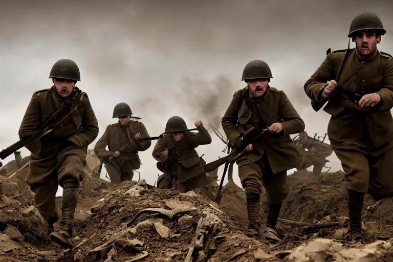 Image similar to jay baruchel as world war 1 soldier in the trenches, bullets whizzing past, cinematic lighting, high contrast, 4 k hdr imax cinematography by roger deakins, award winning shot, beautiful composition, principal photography, vfx action shot