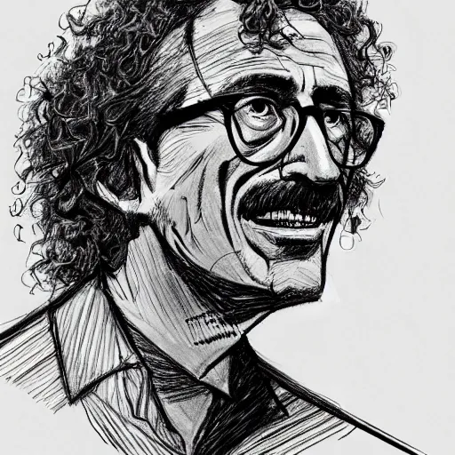 Image similar to a realistic yet scraggly portrait sketch of the side profile of a happy weird al, trending on artstation, intricate details, in the style of frank auerbach, in the style of sergio aragones, in the style of martin ansin, in the style of david aja, in the style of mattias adolfsson