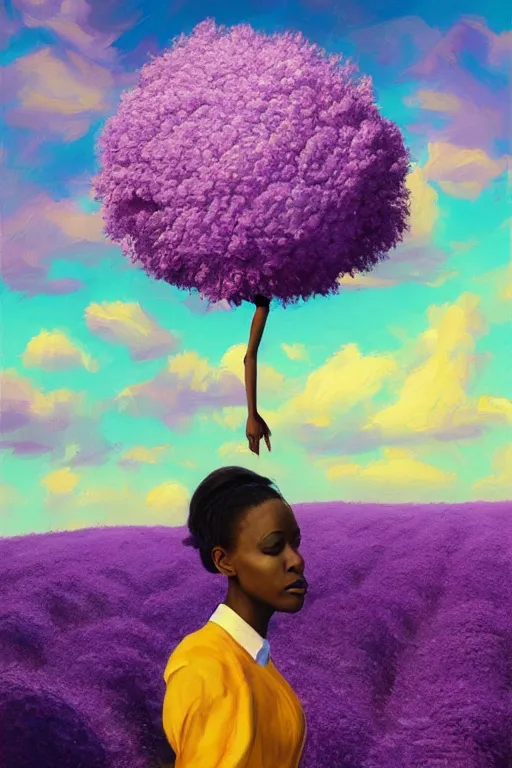 Image similar to portrait, giant lilac flower as head, black woman in heather field, surreal photography, golden hour, colorful clouds, impressionist painting, digital painting, artstation, simon stalenhag