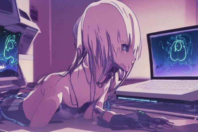 Image similar to anime alien using a computer to check her email submerged in translucent goo, over the shoulder perspective, in 1 9 8 5, y 2 k cybercore, industrial low - light photography, still from a kiyoshi kurosawa movie