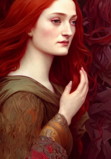 Image similar to portrait of sansa stark with red long hair, intricate, elegant, highly detailed, digital painting, artstation, concept art, smooth, sharp focus, illustration, art by artgerm and greg rutkowski and alphonse mucha and william - adolphe bouguereau