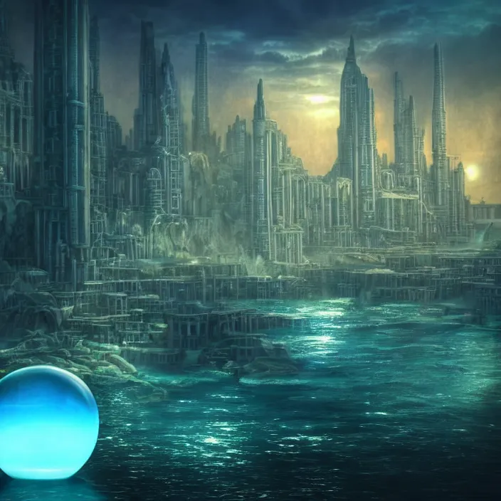 Image similar to hyper realistic, high detail photo of city of atlantis, underwater, lights on buildings, beautiful, dreary lighting, crystal ball