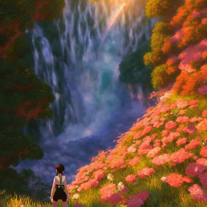 Image similar to an epic makoto shinkai and renoir landscape of a v - shaped waterfall, 🌺, golden hour, ultra smooth, lois van baarle, ilya kuvshinov, unreal engine, blender, trending on artstation, suntur, caleb worcester, highly detailed, photorealism, bloom effect 8 k