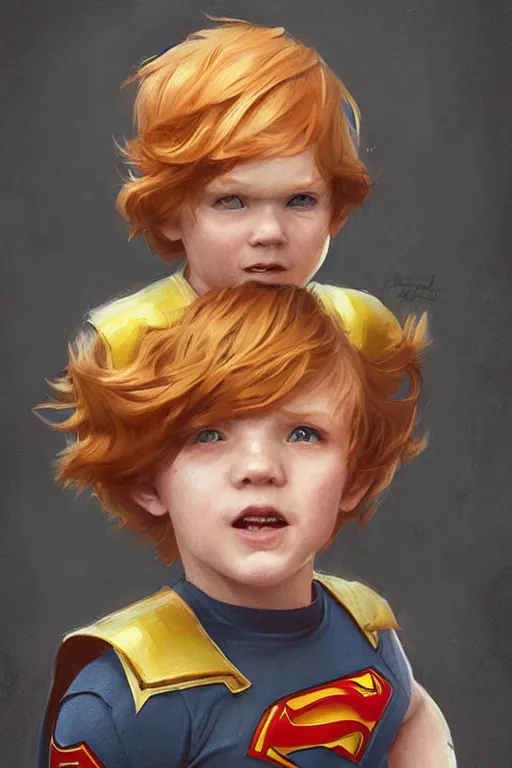 Image similar to a little boy with a michievous face and ginger hair. he is dressed as a superhero. clean elegant painting, beautiful detailed face. by artgerm and greg rutkowski