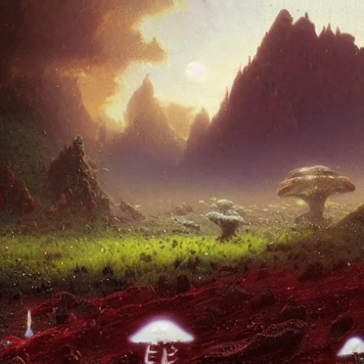 Image similar to A lovely picture of an alien landscape with mycelium aliens by John Berkey, by George Inness, by john Harris, forest made out of mushroom, purple and red and white gradient colour theme, trending on DeviantArt, rendered in blender, 8k resolution, Mountains, no green