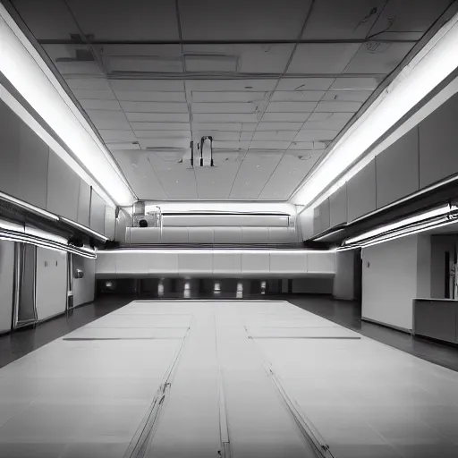 Image similar to a surgeon standing in an empty operating theater, award winning photography, law of thirds, black and white