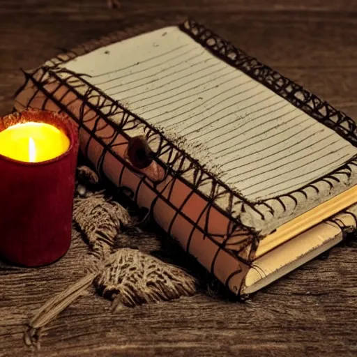 Image similar to very old and dusty diary book, covered with spider webs, nostalgic scene, candle light, warm light