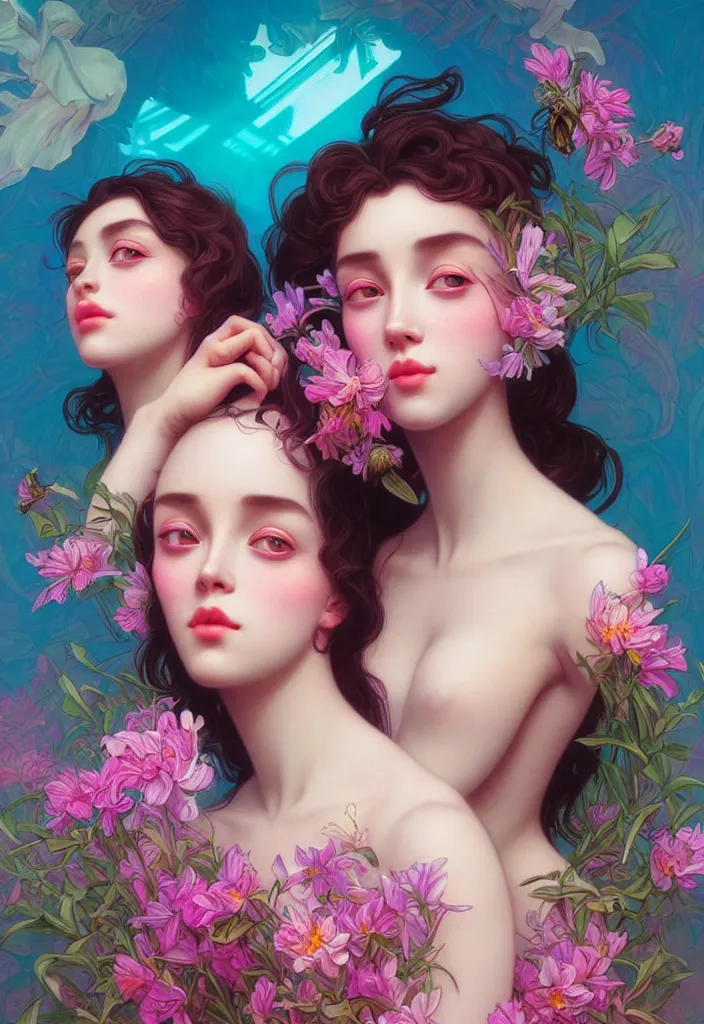 Image similar to young beautiful women, siamese twins, gorgeous face, vaporwave aesthetic, synthwave, colorful, psychedelic, artstation, flowers, bees, full - body, gown, smooth, extremely sharp detail, finely tuned detail, 8 k, unreal engine 5, ultra sharp focus, illustration, art by artgerm and greg rutkowski and alphonse mucha