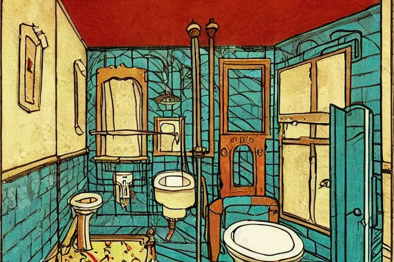 Image similar to victorian bathroom, style of studio ghibli + moebius + basquiat, cute,