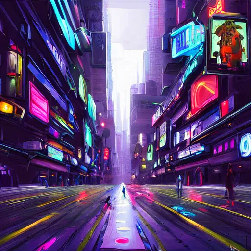 Image similar to a beautiful extremely complex painting of as cyberpunk street digital painting