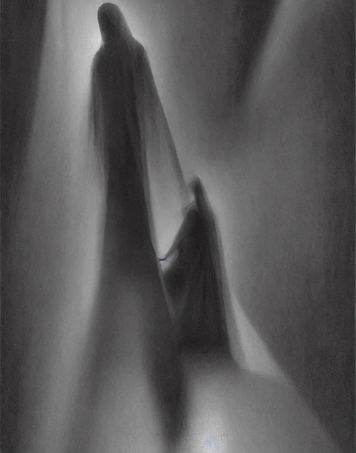 Prompt: a figure shrouded in a long trailing pitch black gown, descending a giant white staircase in a dark room, photorealism, hyperrealism, harsh lighting, hyperrealism, dramatic lighting, medium shot, serious, gloomy, foreboding