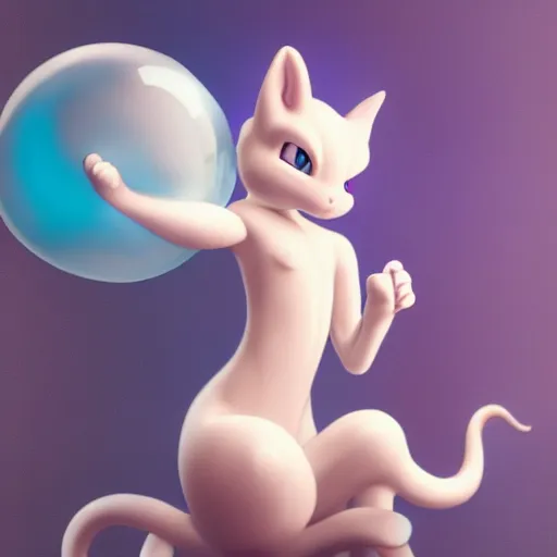Prompt: cinematic portrait of cute Mew Mewtwo holding onto large blue bubble, oil on canvas, masterpiece, trending on artstation, featured on pixiv, cinematic composition, dramatic pose, beautiful lighting, sharp, details, hyper-detailed, HD, HDR, 4K, 8K