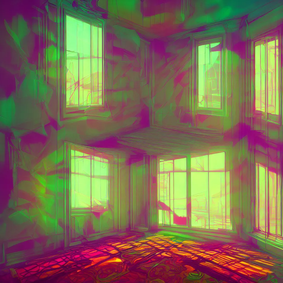Prompt: bright psychedelic empty apartment, diffuse lighting, fantasy, intricate, elegant, highly detailed, lifelike, photorealistic, digital painting, artstation, illustration, concept art, smooth, sharp focus, art by francis bacon