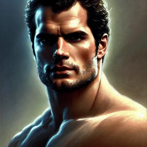 Image similar to Henry Cavill is a rugged ranger, D&D, muscular, fantasy, intricate, elegant, highly detailed, digital painting, artstation, concept art, smooth, sharp focus, illustration, art by artgerm and greg rutkowski and alphonse mucha