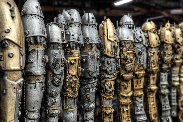 Prompt: photo taken of an epic intricate, ultra detailed, super realistic gritty, hero prop, exquisitely weathered armoured hazardsuit movie prop replica's in a row in the workshop, created by weta workshop, full body shot, photorealistic, sharp focus, white wall, cold colour temperture, golden ratio