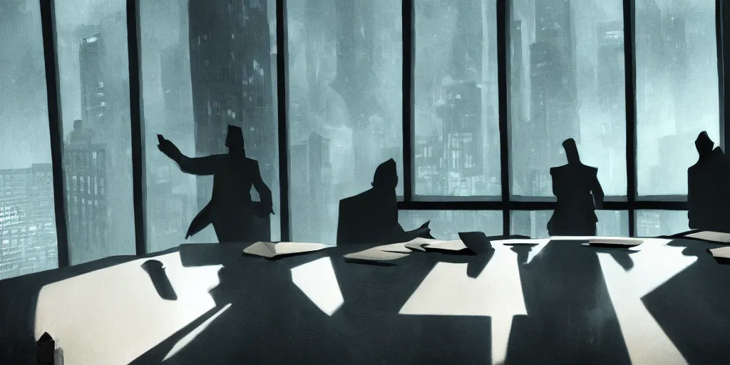 Prompt: cinematic view of orwellian shadow figures arguing at a boardroom table in front of a skyscraper window by jorge jacinto, depth of field, sharp focus, industrial art style, intricate, high detail, digital painting, ultra realistic, cinematic lighting, artstation, 3 5 mm film grain