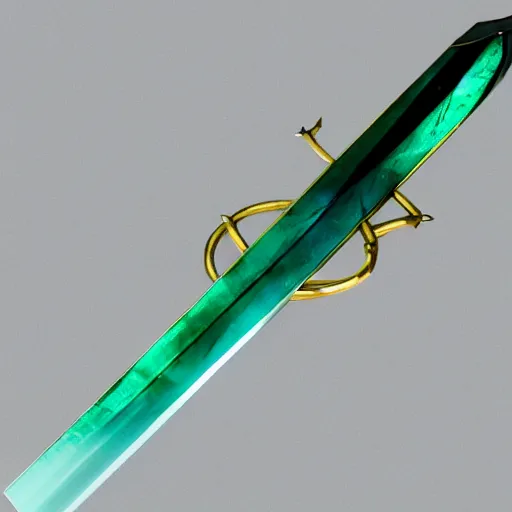 Image similar to photograph of a large green and teal crystal sword with a gold sword hilt