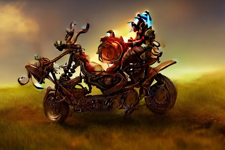 Prompt: A goblin riding a steampunk motorcycle on a dirt road in a meadow, volumetric light, studio lighting, hyperdetailed, artstation, cgsociety, 8k